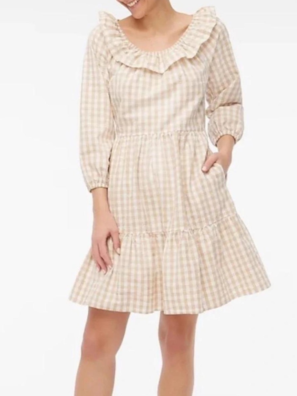J. Crew Beige Gingham Ruffle-Neck Mini Dress